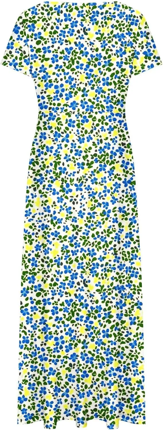 Summer Long Dresses for Women Floral Flowy A-Line Maxi Dress Casual Short Sleeve Hawaiian Boho Beach Sundress