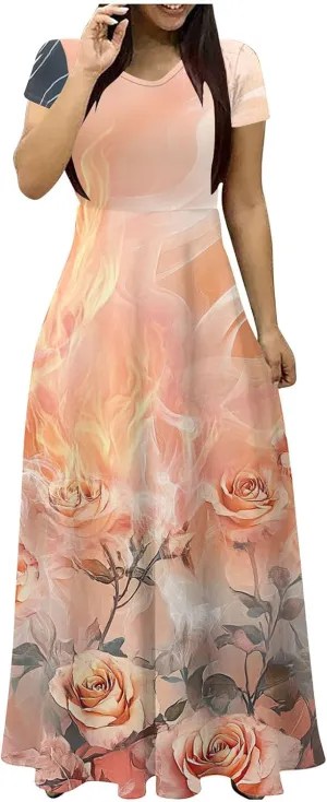 Summer Long Dresses for Women Floral Flowy A-Line Maxi Dress Casual Short Sleeve Hawaiian Boho Beach Sundress