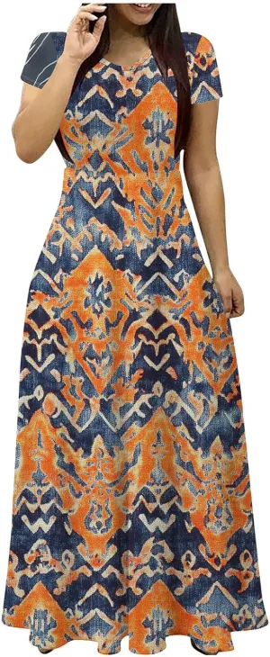 Summer Long Dresses for Women Floral Flowy A-Line Maxi Dress Casual Short Sleeve Hawaiian Boho Beach Sundress