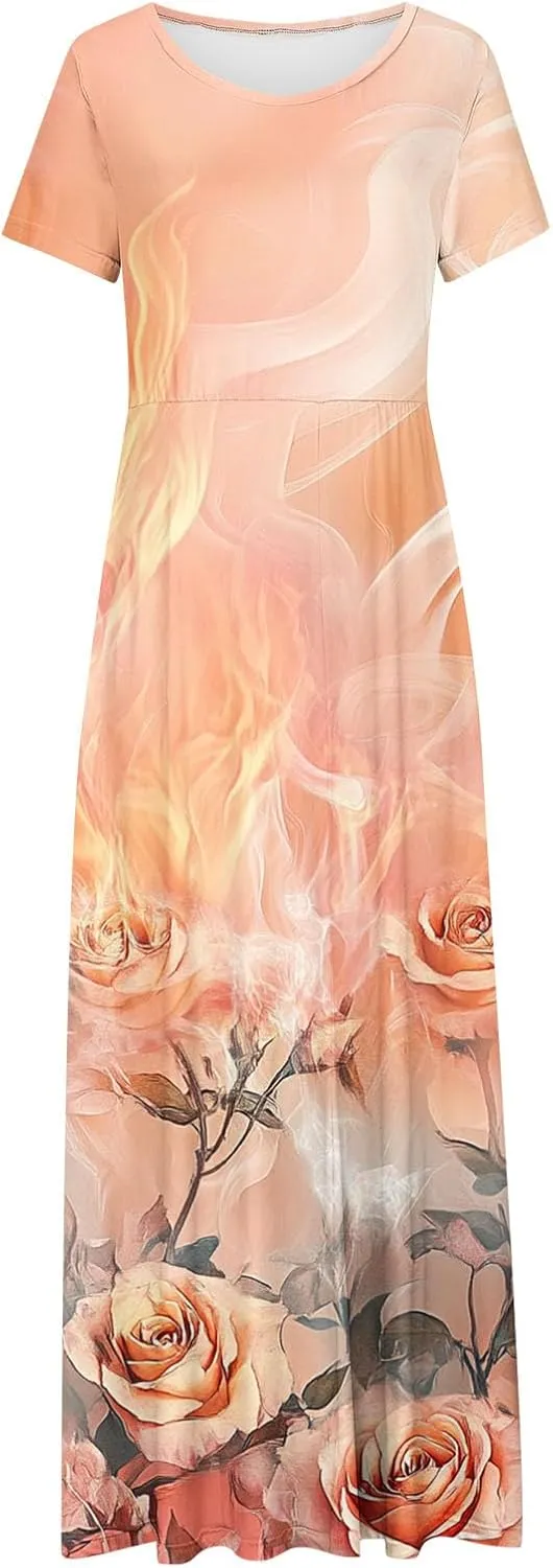 Summer Long Dresses for Women Floral Flowy A-Line Maxi Dress Casual Short Sleeve Hawaiian Boho Beach Sundress