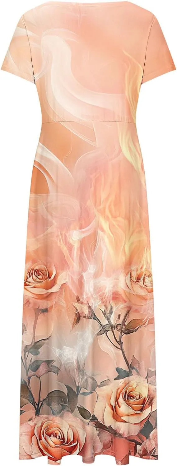 Summer Long Dresses for Women Floral Flowy A-Line Maxi Dress Casual Short Sleeve Hawaiian Boho Beach Sundress