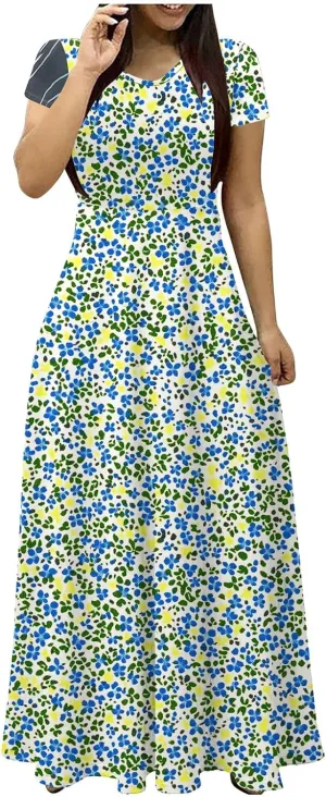 Summer Long Dresses for Women Floral Flowy A-Line Maxi Dress Casual Short Sleeve Hawaiian Boho Beach Sundress