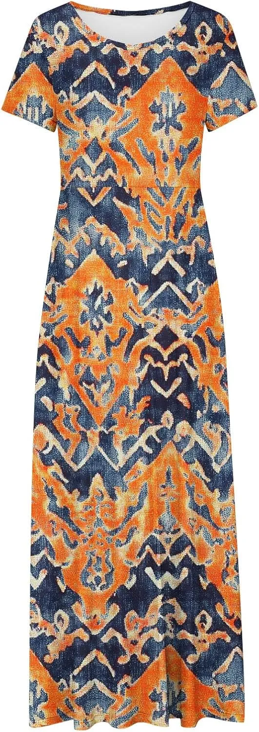 Summer Long Dresses for Women Floral Flowy A-Line Maxi Dress Casual Short Sleeve Hawaiian Boho Beach Sundress