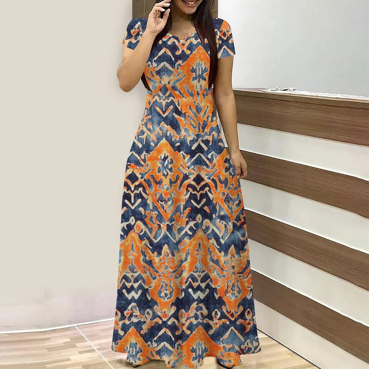 Summer Long Dresses for Women Floral Flowy A-Line Maxi Dress Casual Short Sleeve Hawaiian Boho Beach Sundress