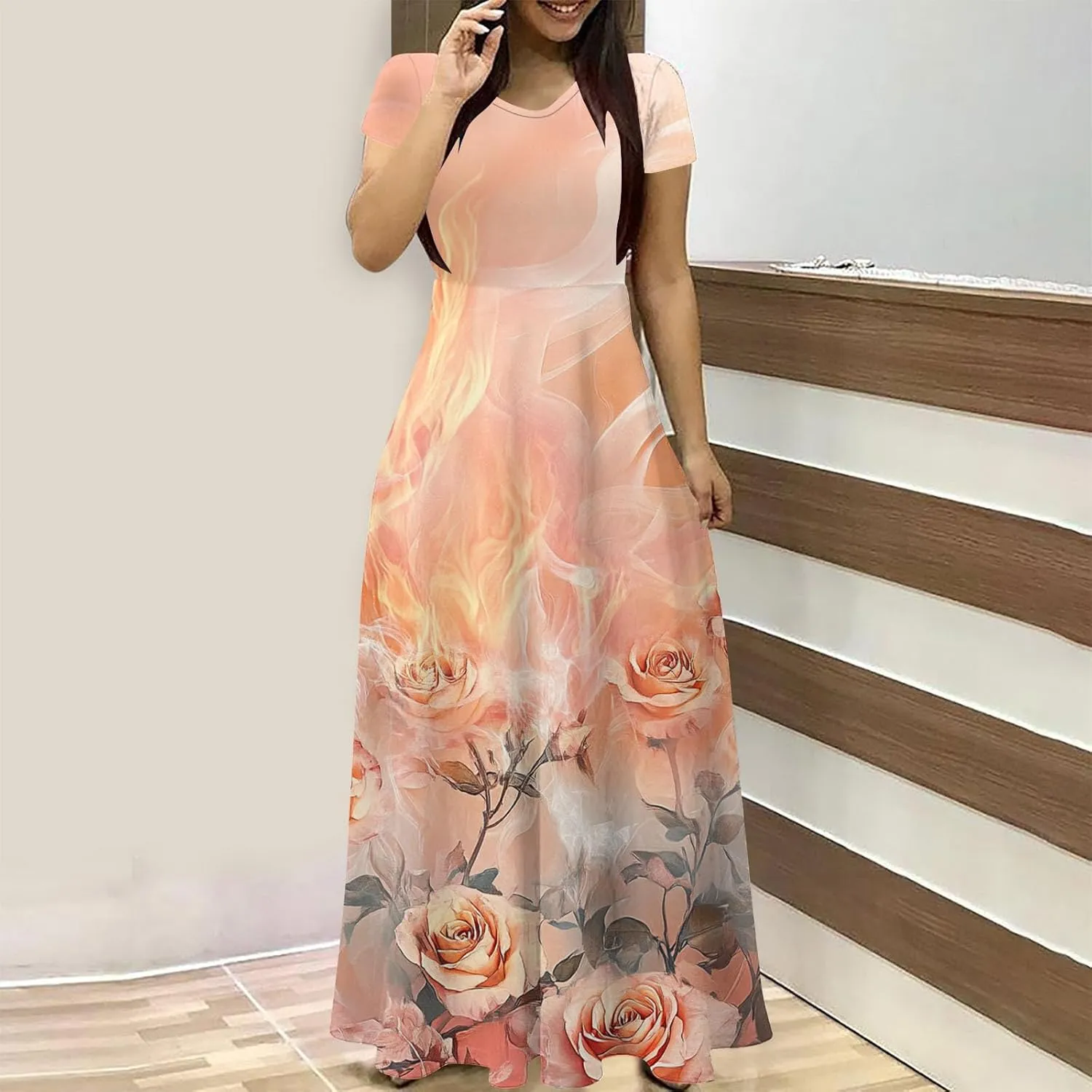 Summer Long Dresses for Women Floral Flowy A-Line Maxi Dress Casual Short Sleeve Hawaiian Boho Beach Sundress