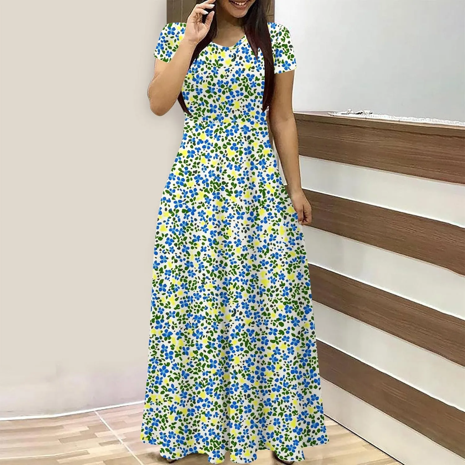 Summer Long Dresses for Women Floral Flowy A-Line Maxi Dress Casual Short Sleeve Hawaiian Boho Beach Sundress
