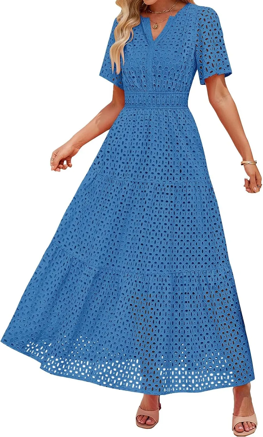 Summer Midi Dresses for Women Trendy Hollow Out V Neck Short Sleeve Dress Casual Comfortable Tunic Pleated Sundress