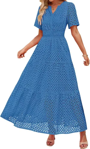 Summer Midi Dresses for Women Trendy Hollow Out V Neck Short Sleeve Dress Casual Comfortable Tunic Pleated Sundress