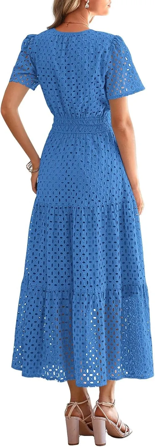 Summer Midi Dresses for Women Trendy Hollow Out V Neck Short Sleeve Dress Casual Comfortable Tunic Pleated Sundress
