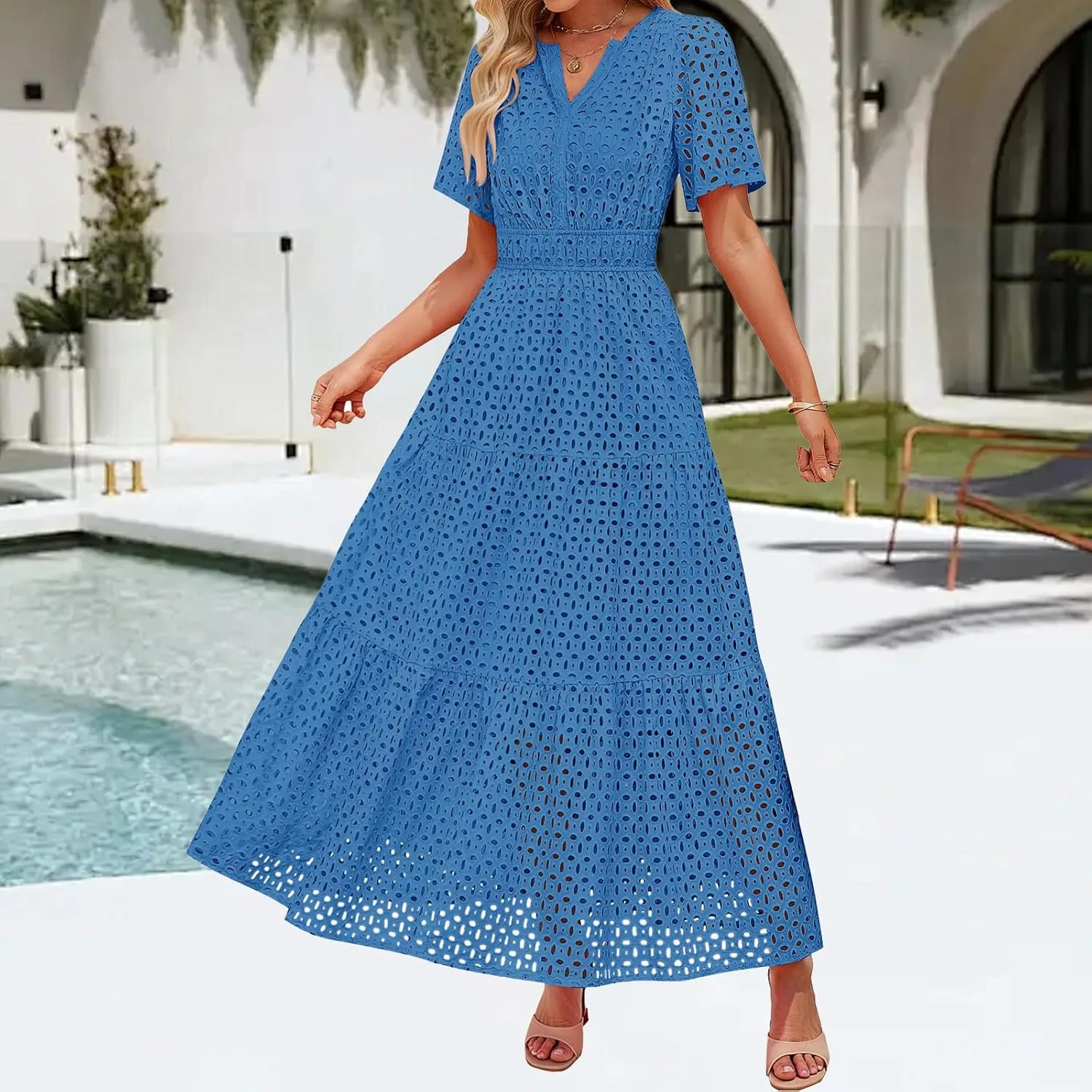 Summer Midi Dresses for Women Trendy Hollow Out V Neck Short Sleeve Dress Casual Comfortable Tunic Pleated Sundress