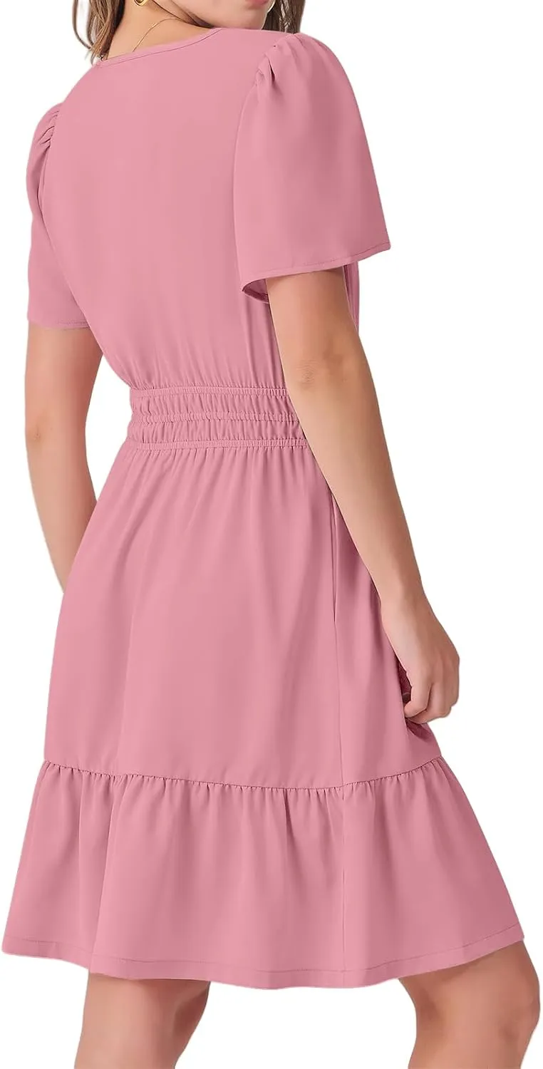 Summer Mini Dresses for Women Casual V Neck Short Sleeve Dress Loose Fit Tunic Tiered Ruffle Hem A-Line Sundress