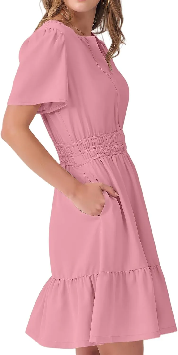 Summer Mini Dresses for Women Casual V Neck Short Sleeve Dress Loose Fit Tunic Tiered Ruffle Hem A-Line Sundress