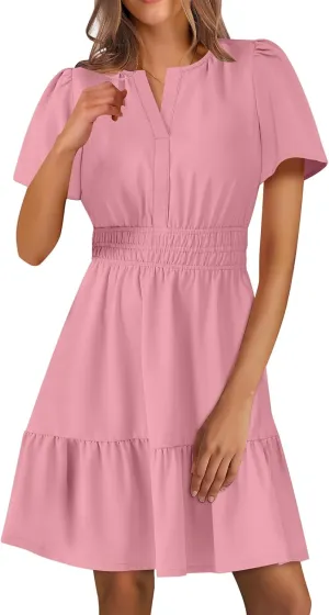 Summer Mini Dresses for Women Casual V Neck Short Sleeve Dress Loose Fit Tunic Tiered Ruffle Hem A-Line Sundress