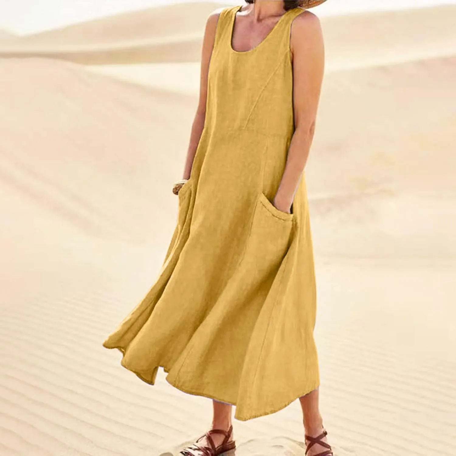 Sundresses for Women 2025 Vacation Plus Size Linen Maxi Dress Flwoy Summer Boho Beach Tank Dress with Pockets