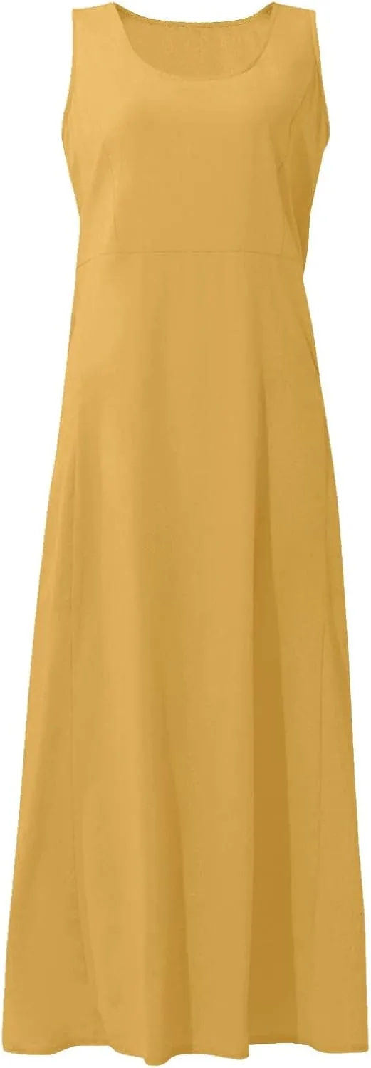 Sundresses for Women 2025 Vacation Plus Size Linen Maxi Dress Flwoy Summer Boho Beach Tank Dress with Pockets