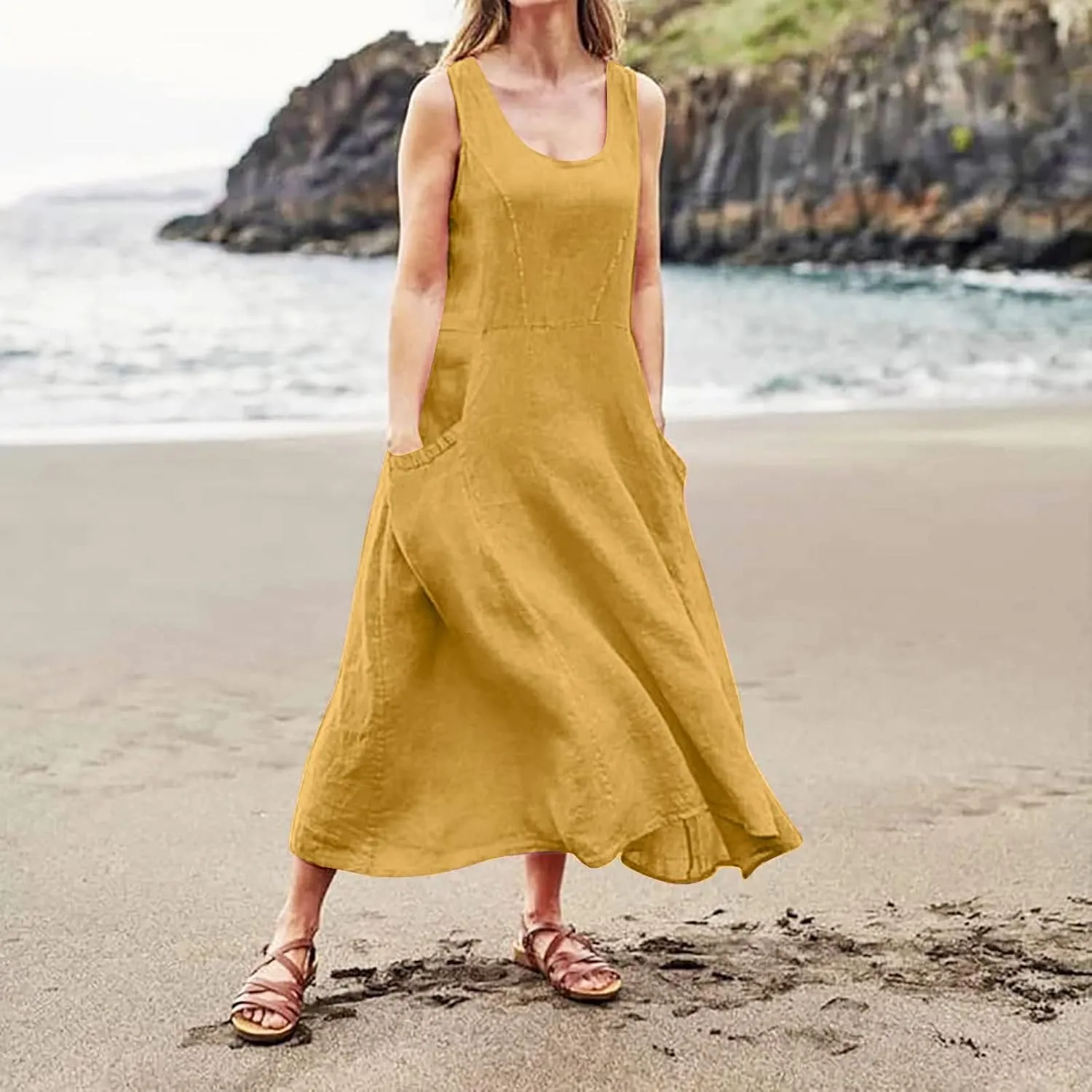 Sundresses for Women 2025 Vacation Plus Size Linen Maxi Dress Flwoy Summer Boho Beach Tank Dress with Pockets