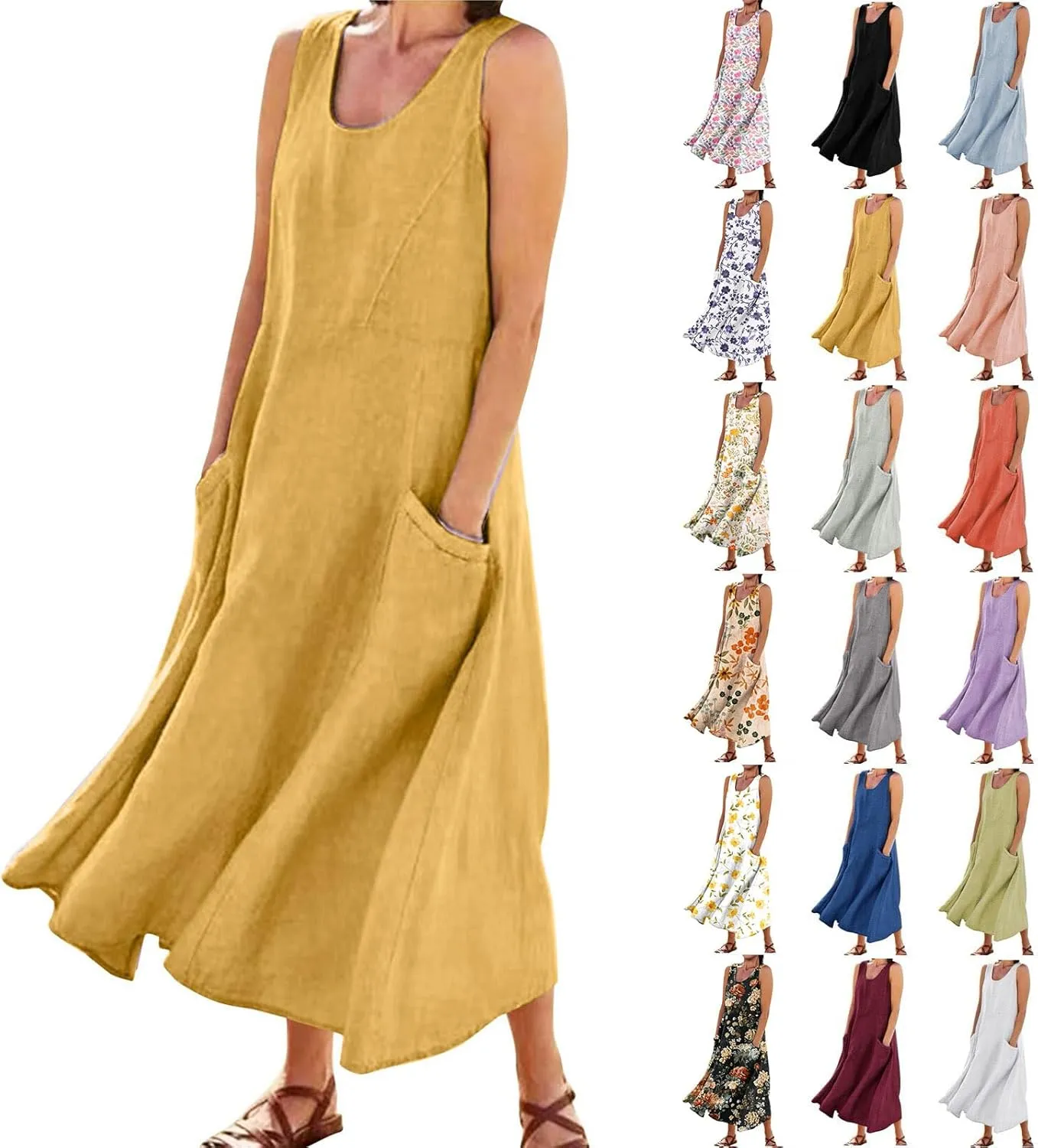 Sundresses for Women 2025 Vacation Plus Size Linen Maxi Dress Flwoy Summer Boho Beach Tank Dress with Pockets