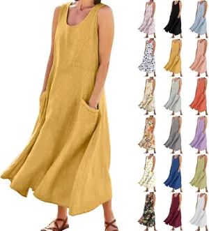 Sundresses for Women 2025 Vacation Plus Size Linen Maxi Dress Flwoy Summer Boho Beach Tank Dress with Pockets