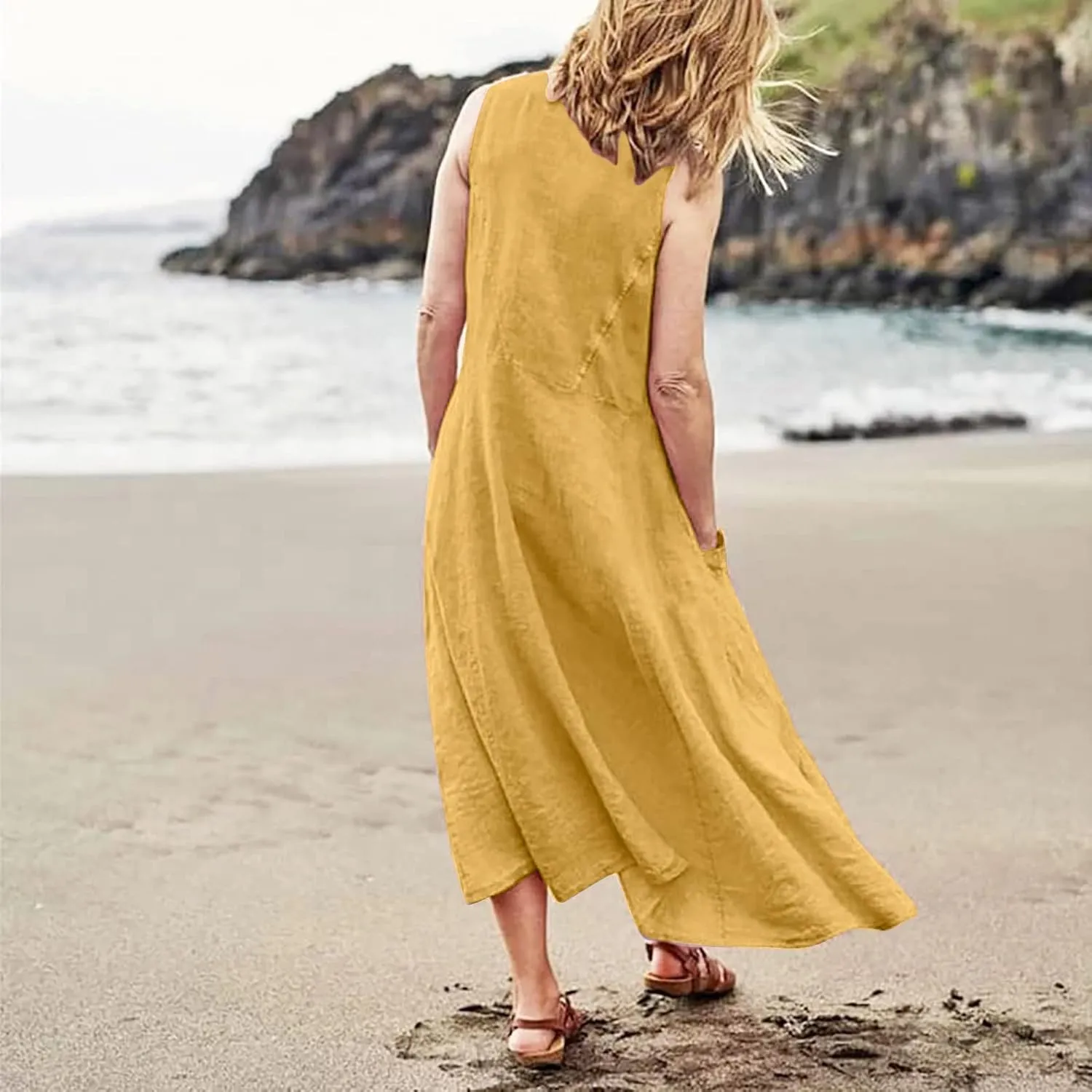 Sundresses for Women 2025 Vacation Plus Size Linen Maxi Dress Flwoy Summer Boho Beach Tank Dress with Pockets