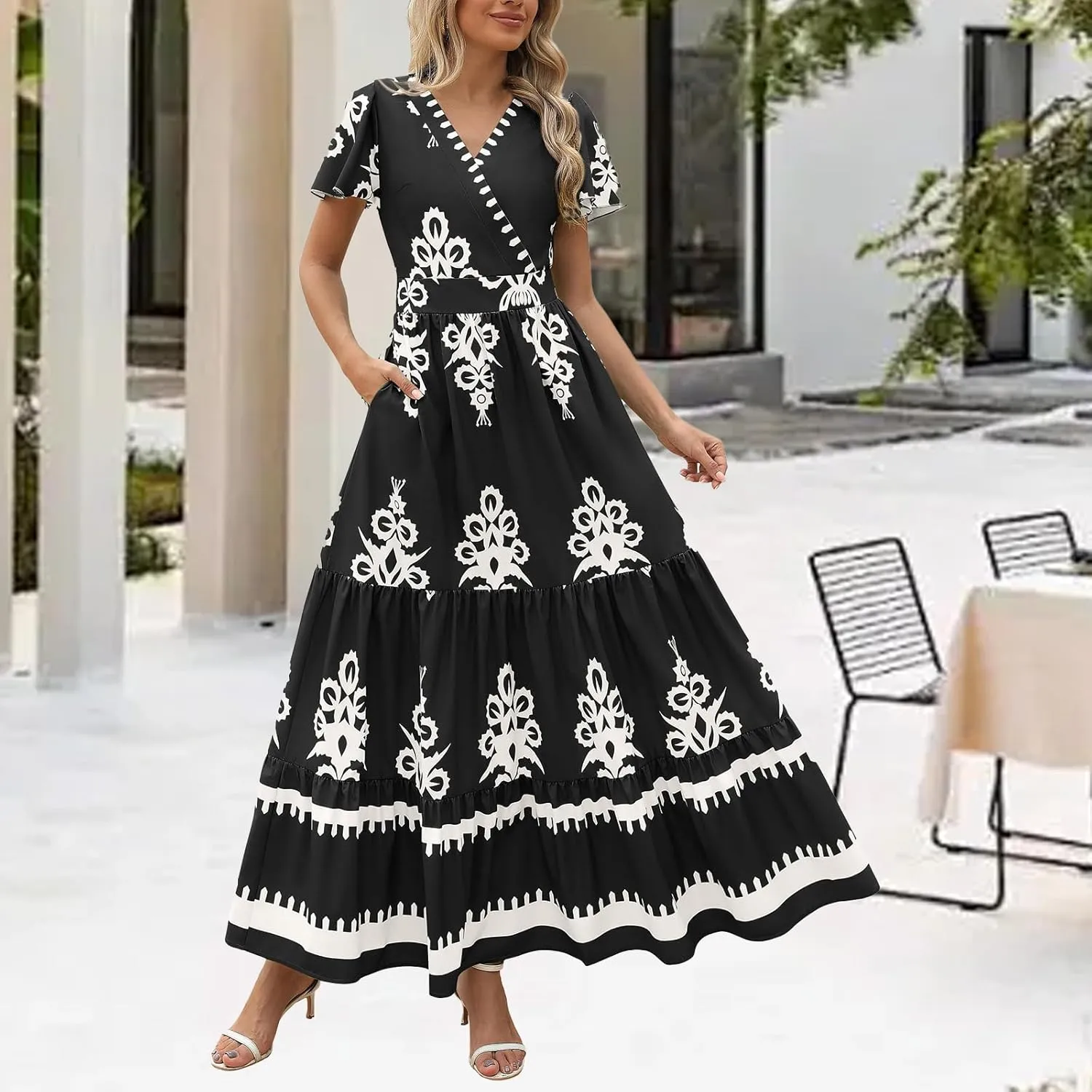 Sundresses for Women Boho Dress A Line V Neck Short Sleeve Dresses High Waist Flowy Floral Printed Dresses 2025