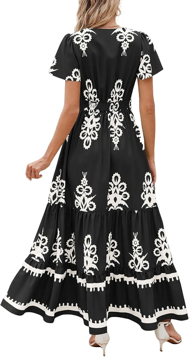 Sundresses for Women Boho Dress A Line V Neck Short Sleeve Dresses High Waist Flowy Floral Printed Dresses 2025