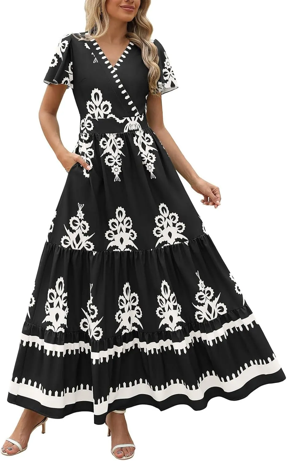 Sundresses for Women Boho Dress A Line V Neck Short Sleeve Dresses High Waist Flowy Floral Printed Dresses 2025