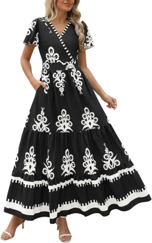 Sundresses for Women Boho Dress A Line V Neck Short Sleeve Dresses High Waist Flowy Floral Printed Dresses 2025