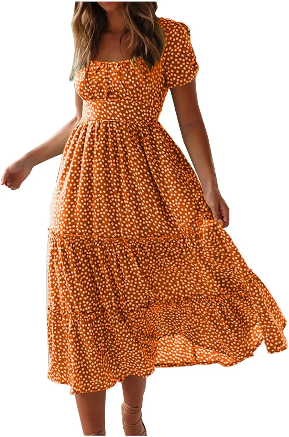 Sundresses for Women Boho Dresses Square Neck Puff Short Sleeve Midi Dress Floral Fashion Trendy Dressy Dress 2025