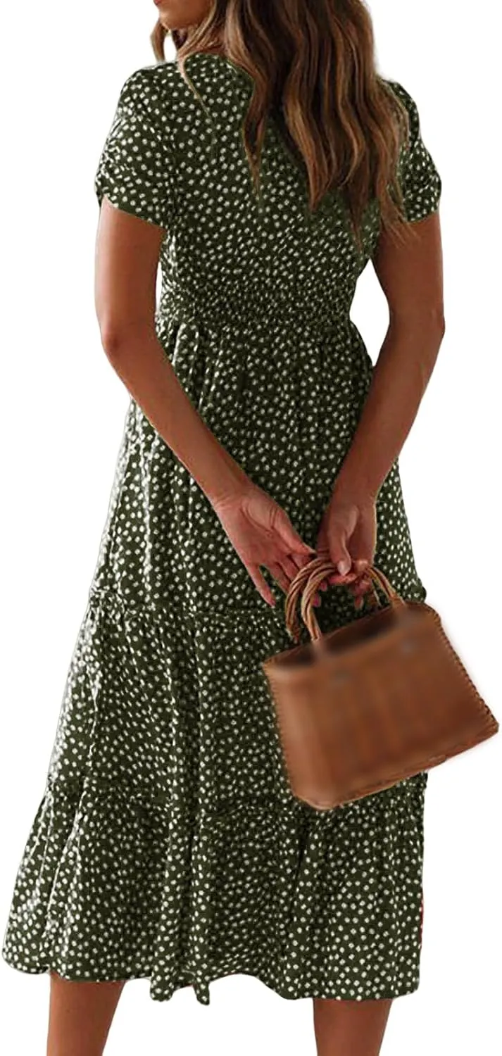 Sundresses for Women Boho Dresses Square Neck Puff Short Sleeve Midi Dress Floral Fashion Trendy Dressy Dress 2025