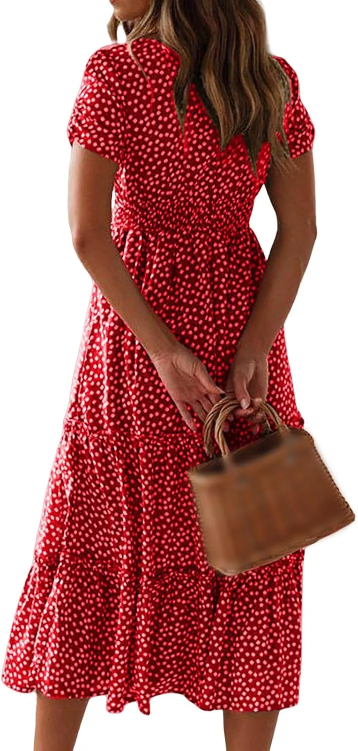 Sundresses for Women Boho Dresses Square Neck Puff Short Sleeve Midi Dress Floral Fashion Trendy Dressy Dress 2025