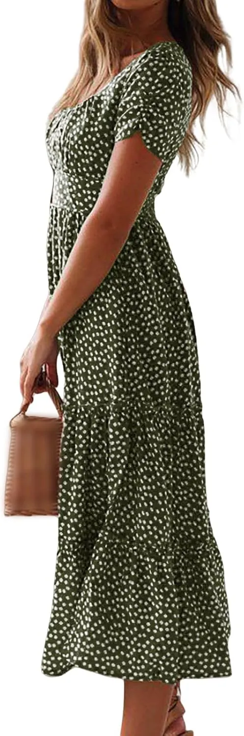 Sundresses for Women Boho Dresses Square Neck Puff Short Sleeve Midi Dress Floral Fashion Trendy Dressy Dress 2025