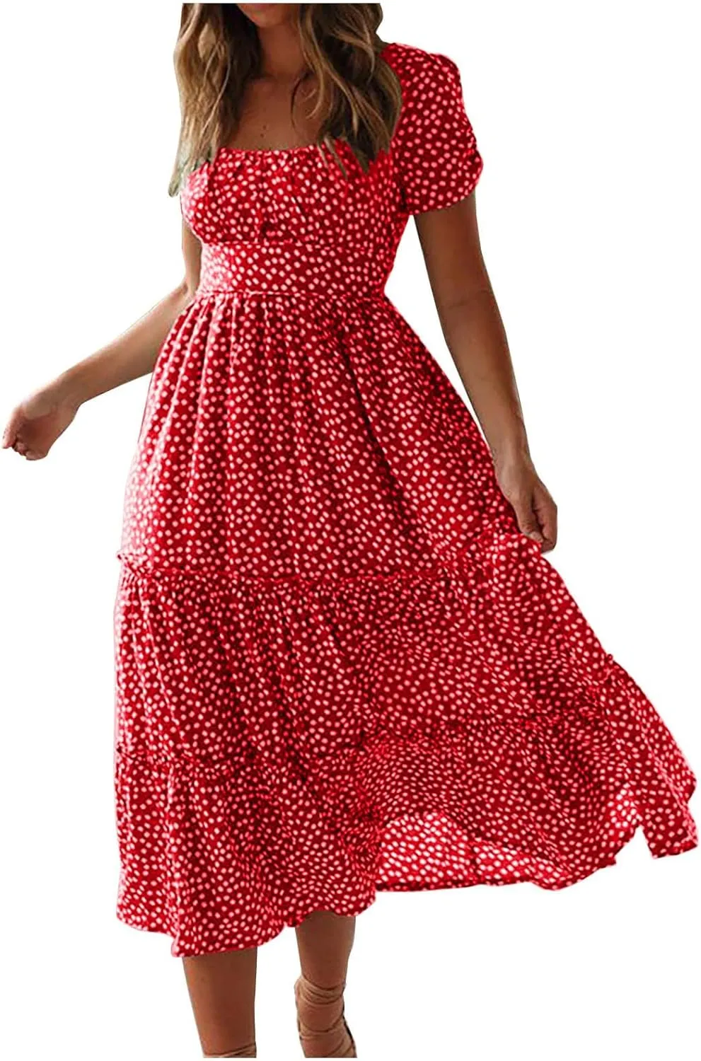 Sundresses for Women Boho Dresses Square Neck Puff Short Sleeve Midi Dress Floral Fashion Trendy Dressy Dress 2025