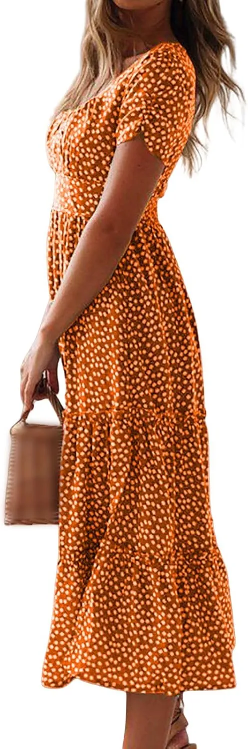 Sundresses for Women Boho Dresses Square Neck Puff Short Sleeve Midi Dress Floral Fashion Trendy Dressy Dress 2025