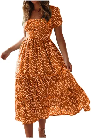 Sundresses for Women Boho Dresses Square Neck Puff Short Sleeve Midi Dress Floral Fashion Trendy Dressy Dress 2025