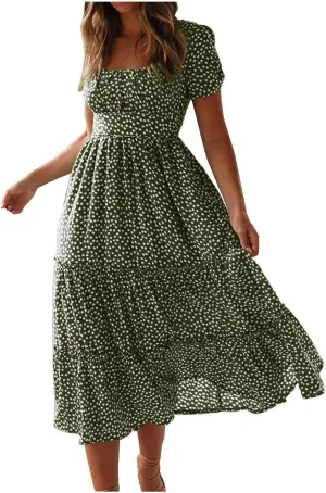 Sundresses for Women Boho Dresses Square Neck Puff Short Sleeve Midi Dress Floral Fashion Trendy Dressy Dress 2025
