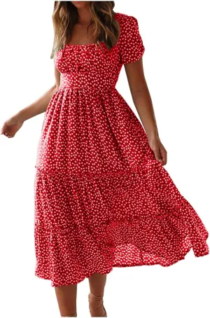 Sundresses for Women Boho Dresses Square Neck Puff Short Sleeve Midi Dress Floral Fashion Trendy Dressy Dress 2025