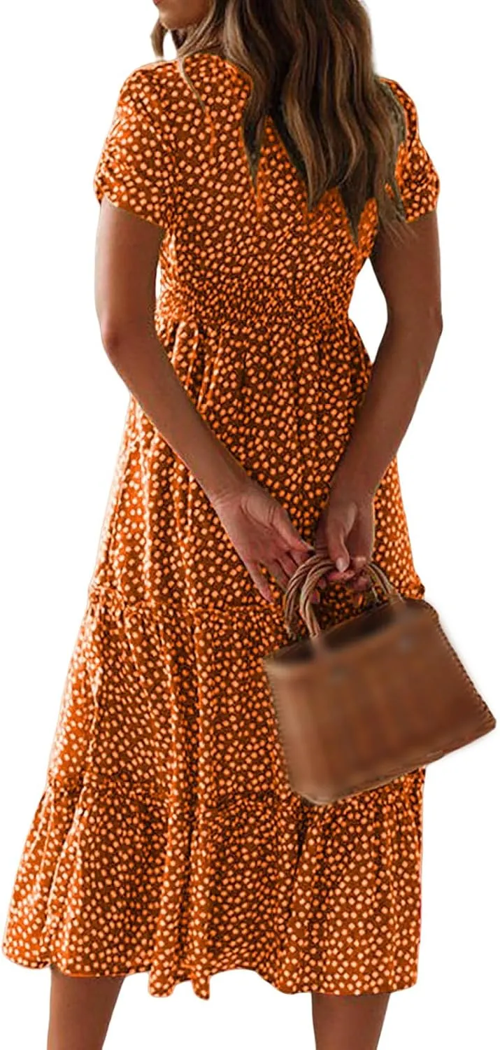 Sundresses for Women Boho Dresses Square Neck Puff Short Sleeve Midi Dress Floral Fashion Trendy Dressy Dress 2025