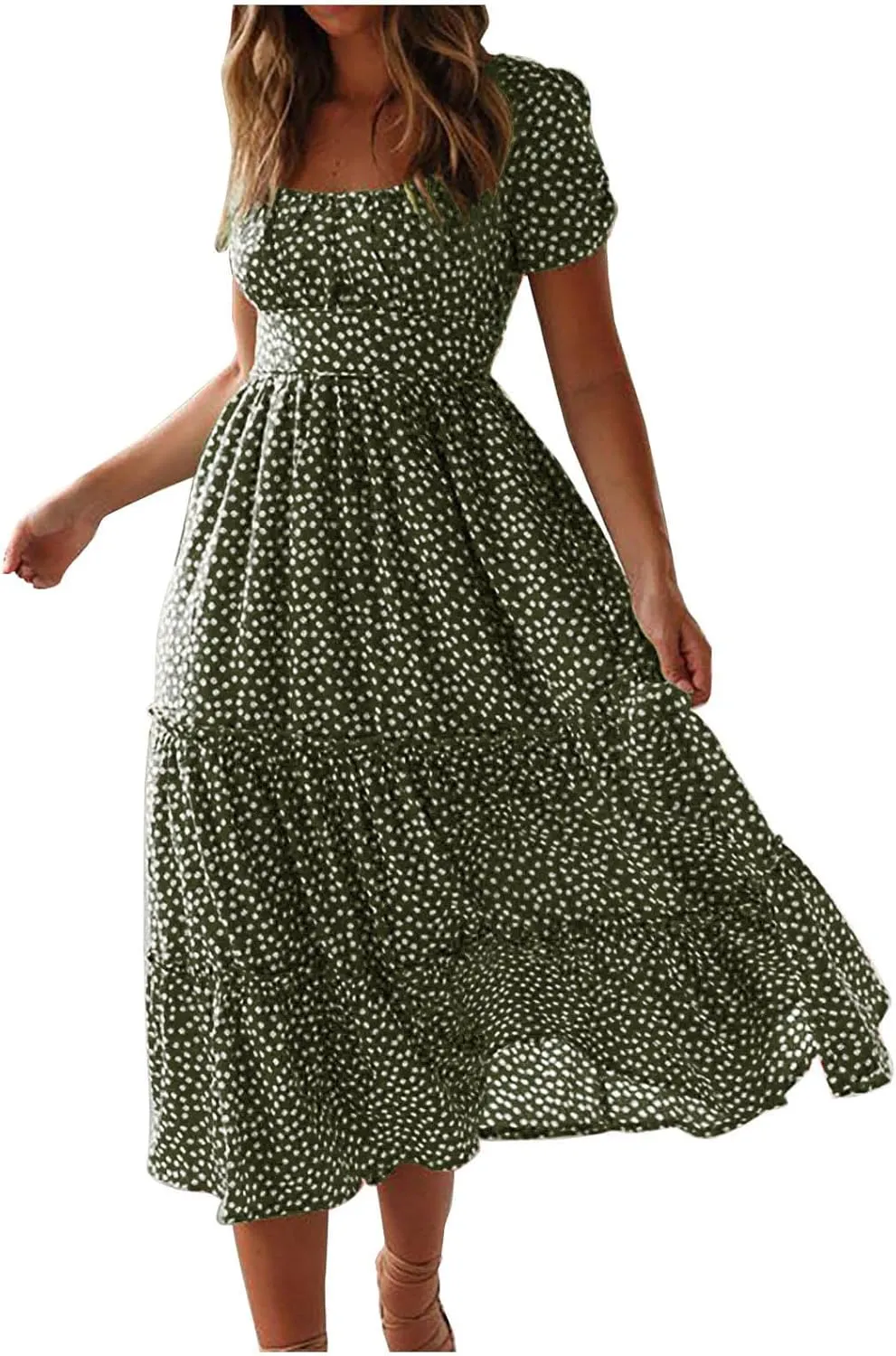 Sundresses for Women Boho Dresses Square Neck Puff Short Sleeve Midi Dress Floral Fashion Trendy Dressy Dress 2025