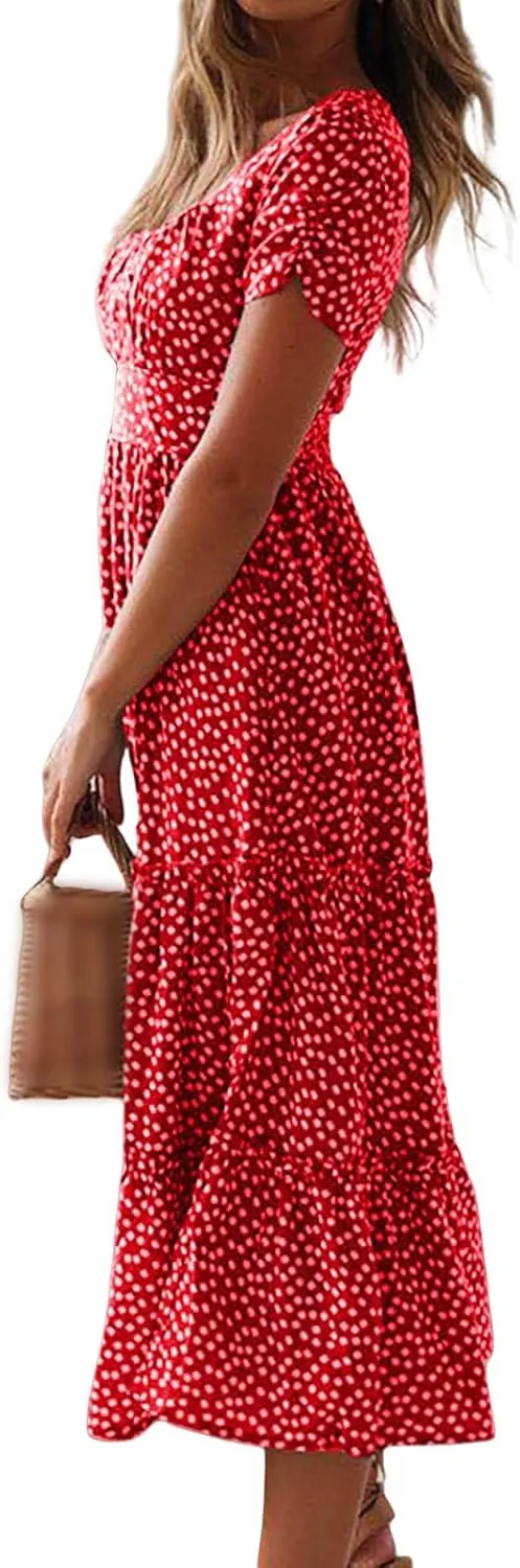 Sundresses for Women Boho Dresses Square Neck Puff Short Sleeve Midi Dress Floral Fashion Trendy Dressy Dress 2025