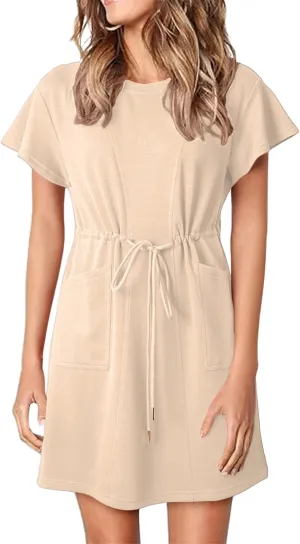 Sundresses for Women Crewneck Short Sleeve Mini Dresses Drawstring Waist Tunic Dress Casual Loose Fit Dress 2025
