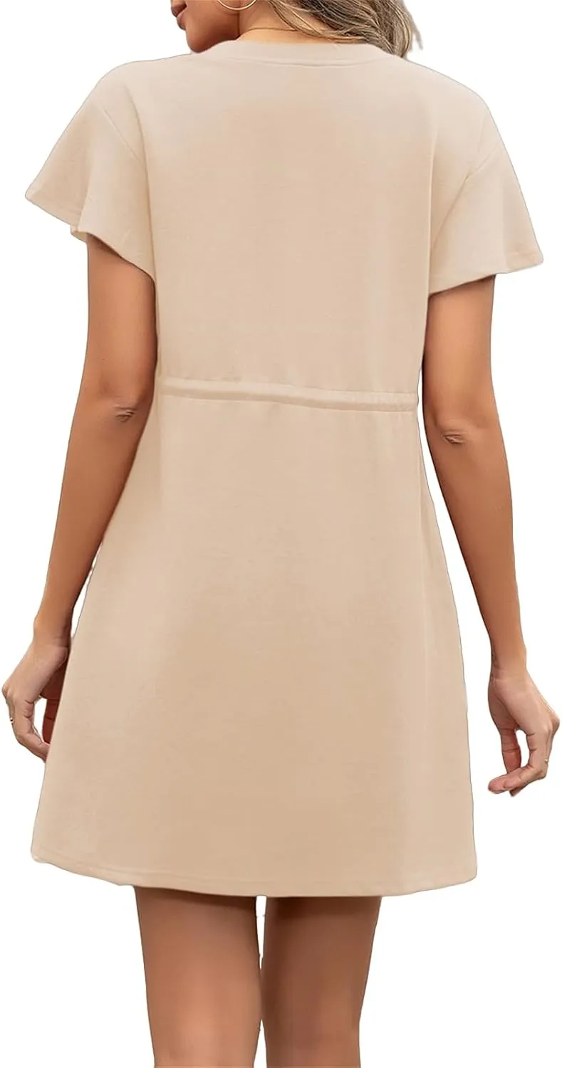 Sundresses for Women Crewneck Short Sleeve Mini Dresses Drawstring Waist Tunic Dress Casual Loose Fit Dress 2025