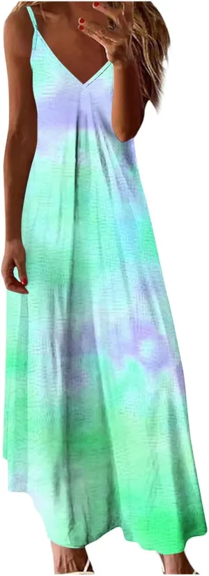 Sundresses for Women Spring Dresses V Neck Summer Flowy Maxi Dress Elegant Casual Sleeveless Beach Sundress