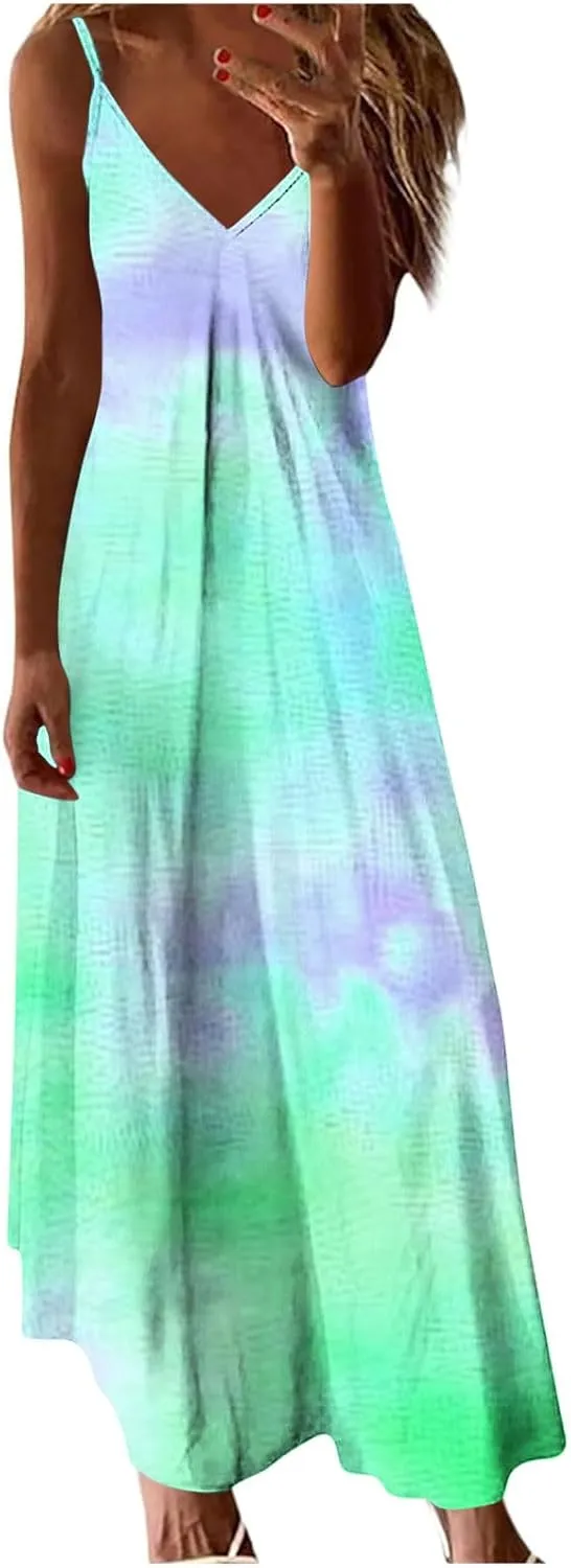 Sundresses for Women Spring Dresses V Neck Summer Flowy Maxi Dress Elegant Casual Sleeveless Beach Sundress