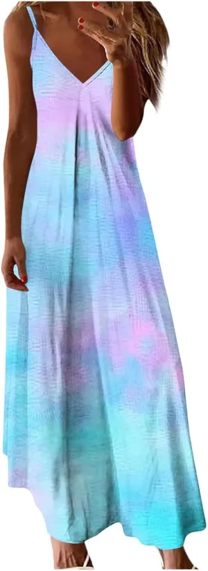 Sundresses for Women Spring Dresses V Neck Summer Flowy Maxi Dress Elegant Casual Sleeveless Beach Sundress