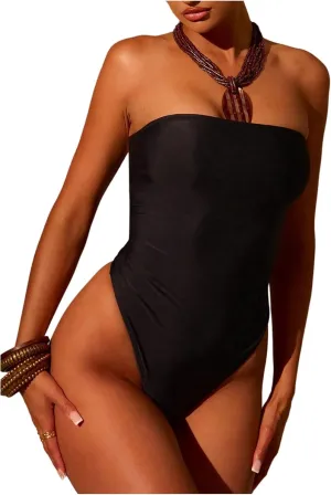 SweatyRocks Women's One Piece Strapless Bandeau Swimsuit Tummy Control Slimming Bathing Suit