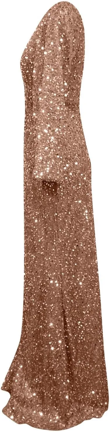 Sweetheart Neck Bell Long Sleeve Sequin Maxi Dress for Women Mermaid Hem Floor-Length Formal Party Cocktail Evening Prom Gown