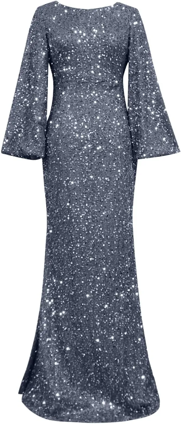 Sweetheart Neck Bell Long Sleeve Sequin Maxi Dress for Women Mermaid Hem Floor-Length Formal Party Cocktail Evening Prom Gown