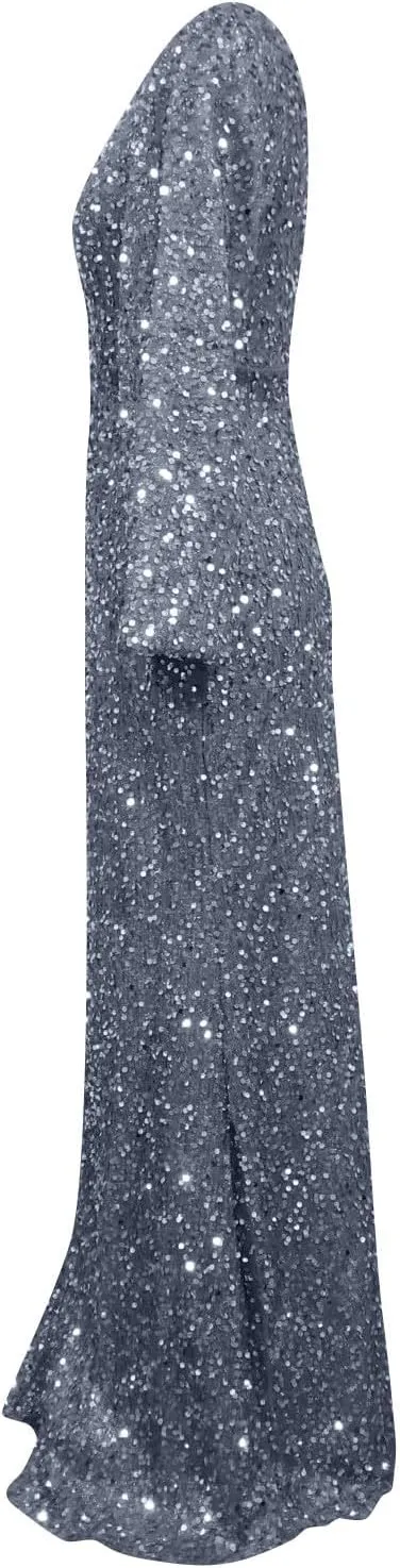 Sweetheart Neck Bell Long Sleeve Sequin Maxi Dress for Women Mermaid Hem Floor-Length Formal Party Cocktail Evening Prom Gown