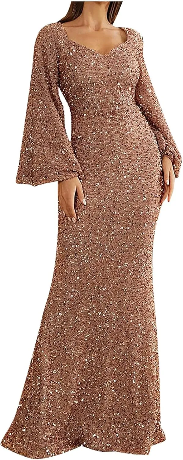 Sweetheart Neck Bell Long Sleeve Sequin Maxi Dress for Women Mermaid Hem Floor-Length Formal Party Cocktail Evening Prom Gown