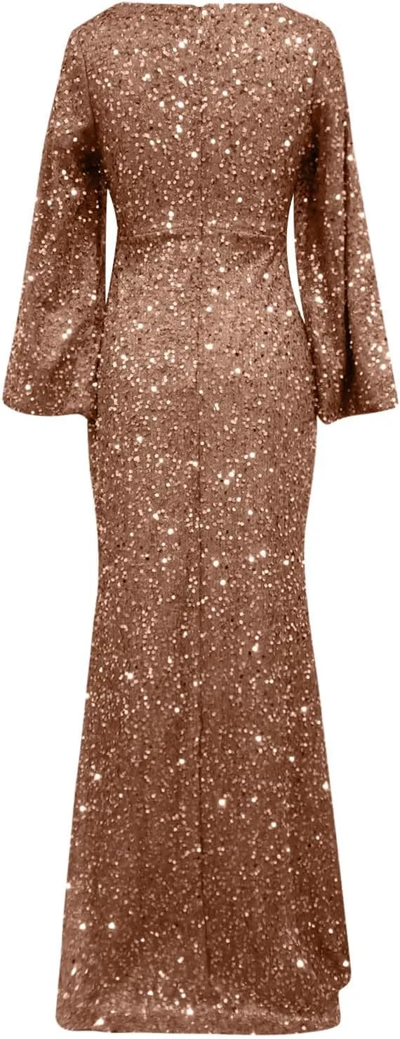 Sweetheart Neck Bell Long Sleeve Sequin Maxi Dress for Women Mermaid Hem Floor-Length Formal Party Cocktail Evening Prom Gown